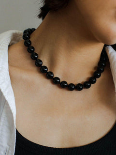 Knotted 12mm Black Onyx Beaded Necklace - floysun