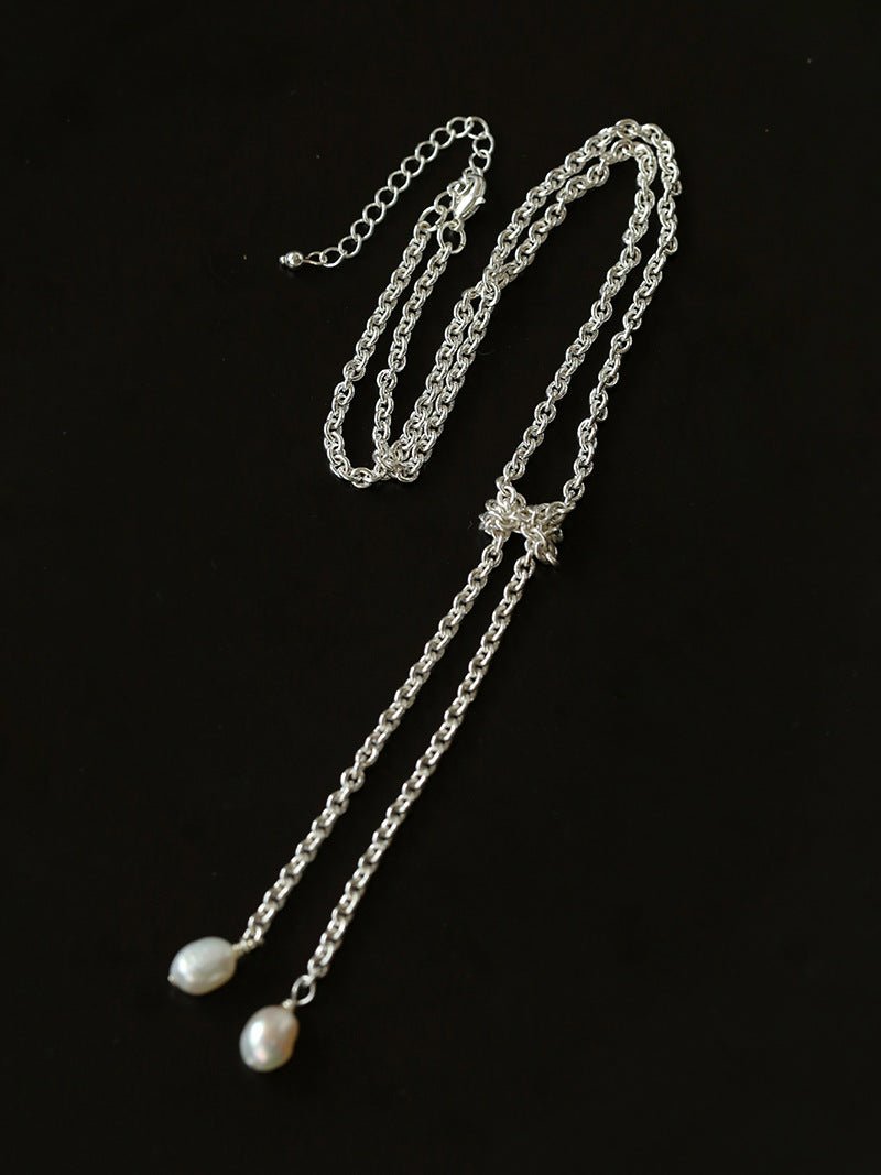 Knotted Pearl Silver Chain Necklace - floysun