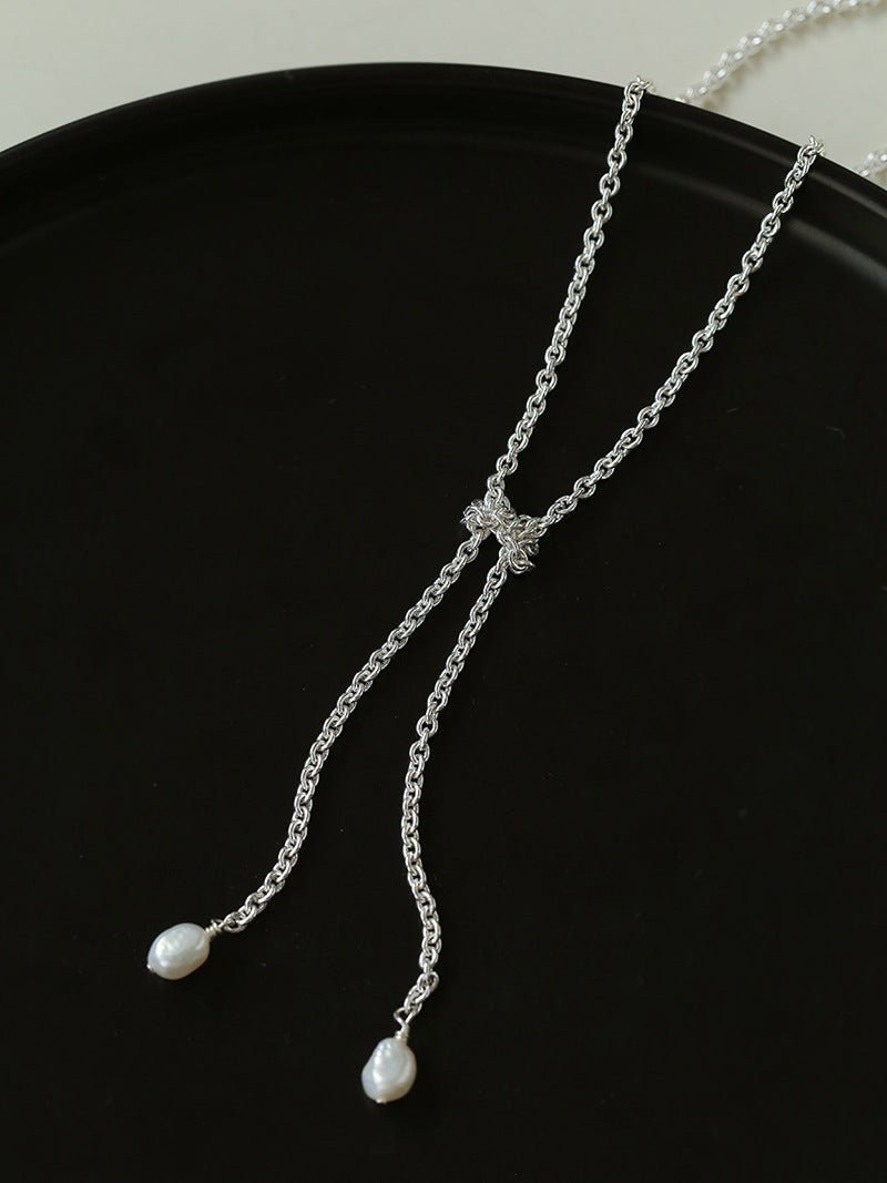 Knotted Pearl Silver Chain Necklace - floysun