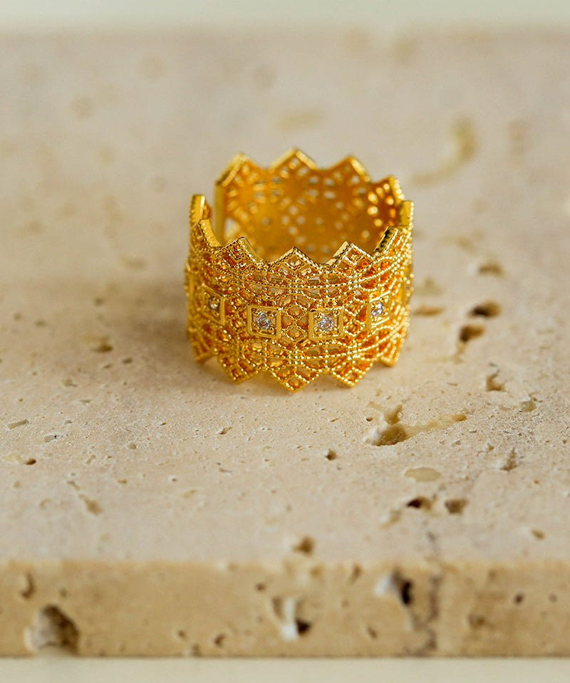 Lace Pattern Diamond Open Ring - floysun