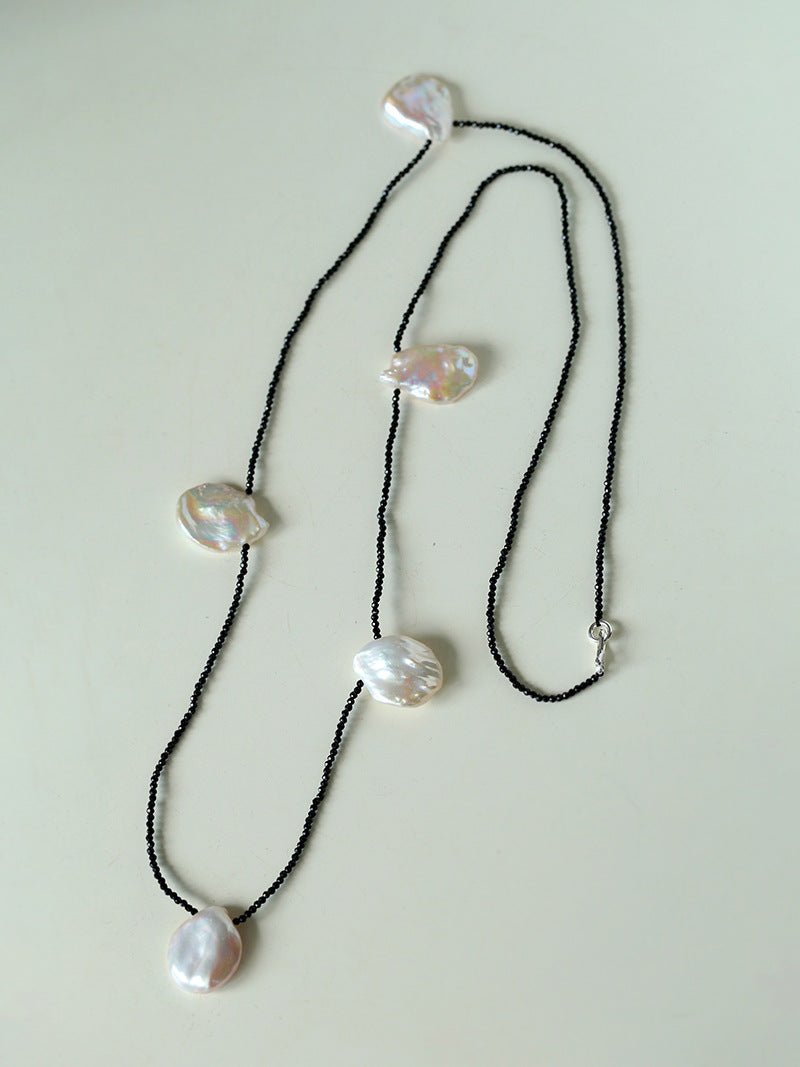 Large Petal Baroque Pearl Black Spinel Necklace - Five Pearls - floysun