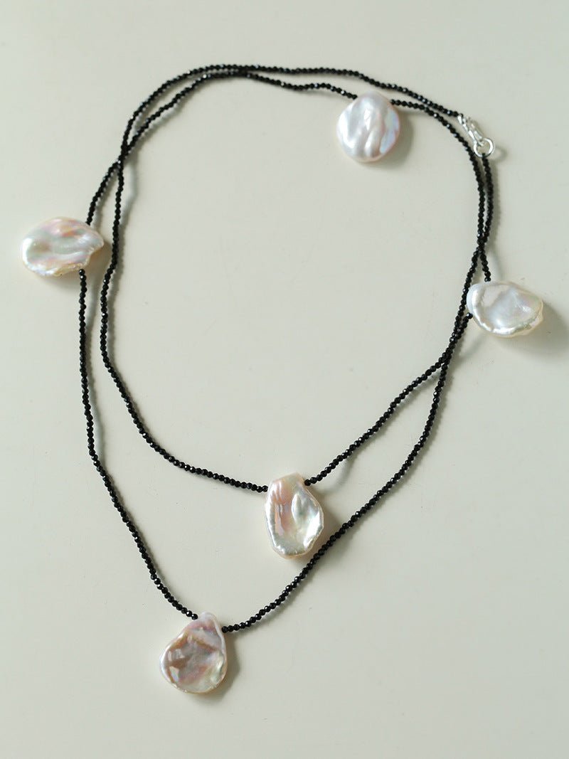 Large Petal Baroque Pearl Black Spinel Necklace - Five Pearls - floysun