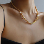 Lava Metal Fragment and Baroque Pearl Beaded Necklace - floysun