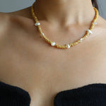 Lava Metal Fragment and Baroque Pearl Beaded Necklace - floysun