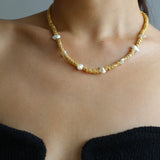 Lava Metal Fragment and Baroque Pearl Beaded Necklace - floysun