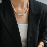 Lava Metal Fragment and Oval Pearl Beaded Necklace - floysun