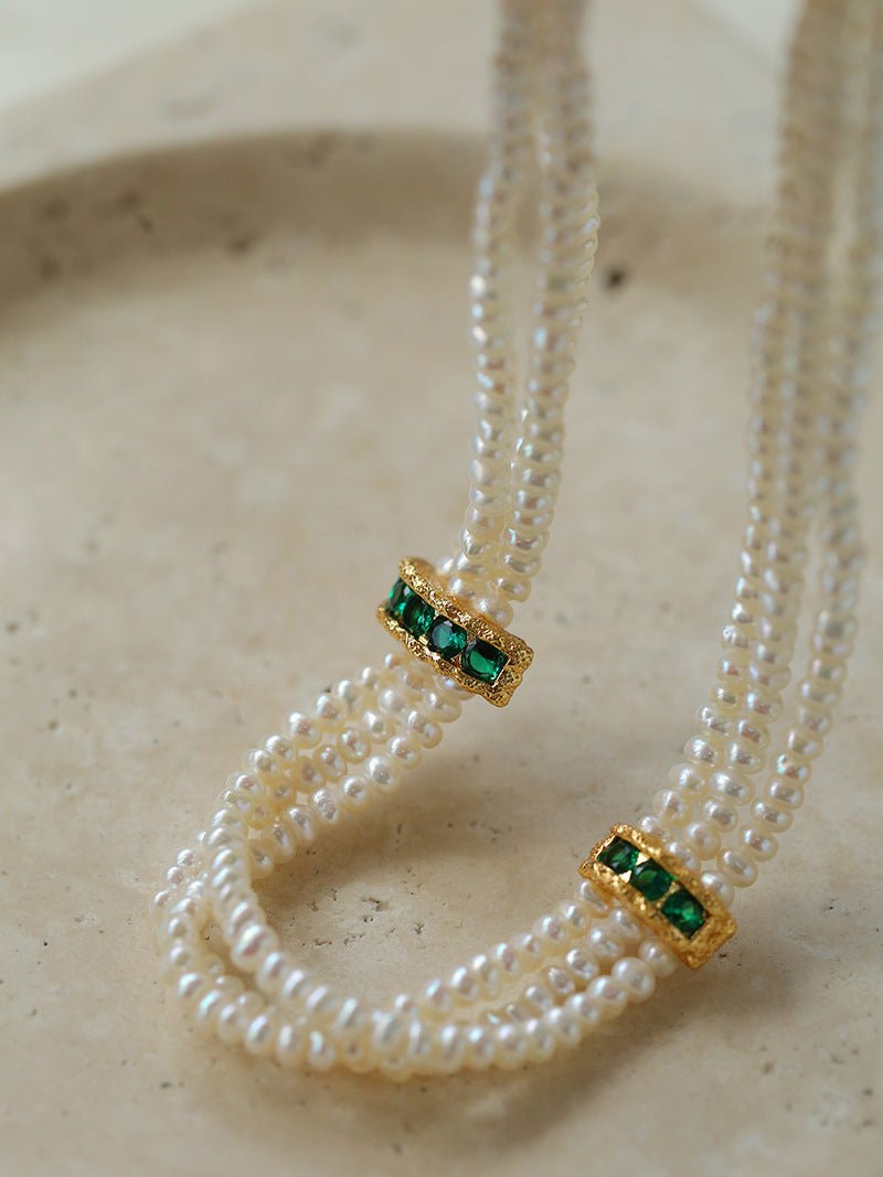 Layered Pearl Choker Necklace with Green Zircon - floysun