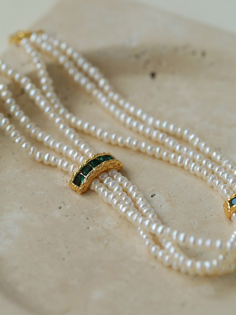 Layered Pearl Choker Necklace with Green Zircon - floysun