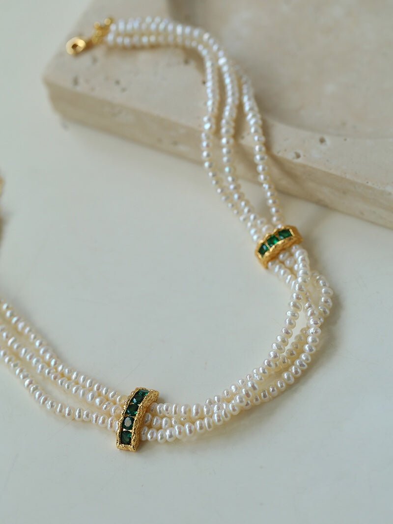 Layered Pearl Choker Necklace with Green Zircon - floysun