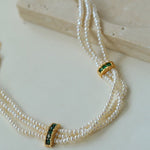 Layered Pearl Choker Necklace with Green Zircon - floysun