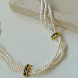 Layered Pearl Choker Necklace with Green Zircon - floysun