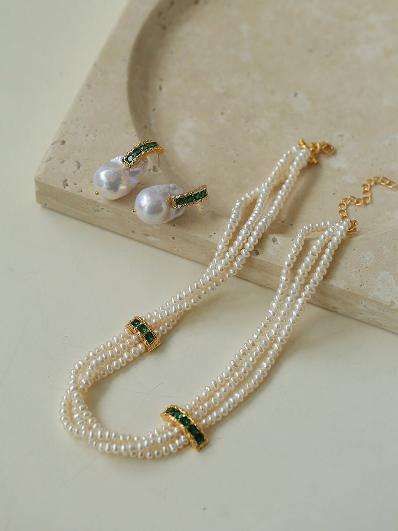 Layered Pearl Choker Necklace with Green Zircon - floysun