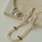 Layered Pearl Choker Necklace with Green Zircon - floysun