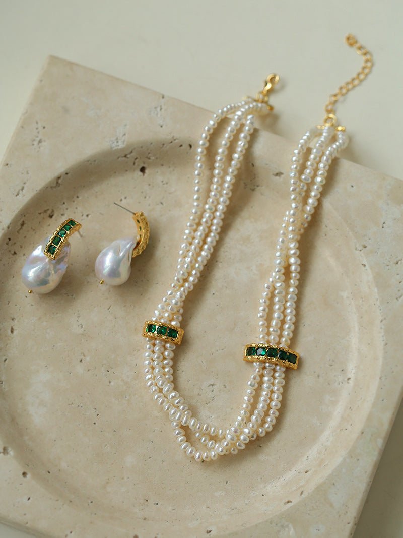 Layered Pearl Choker Necklace with Green Zircon - floysun