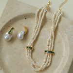 Layered Pearl Choker Necklace with Green Zircon - floysun