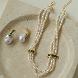 Layered Pearl Choker Necklace with Green Zircon - floysun