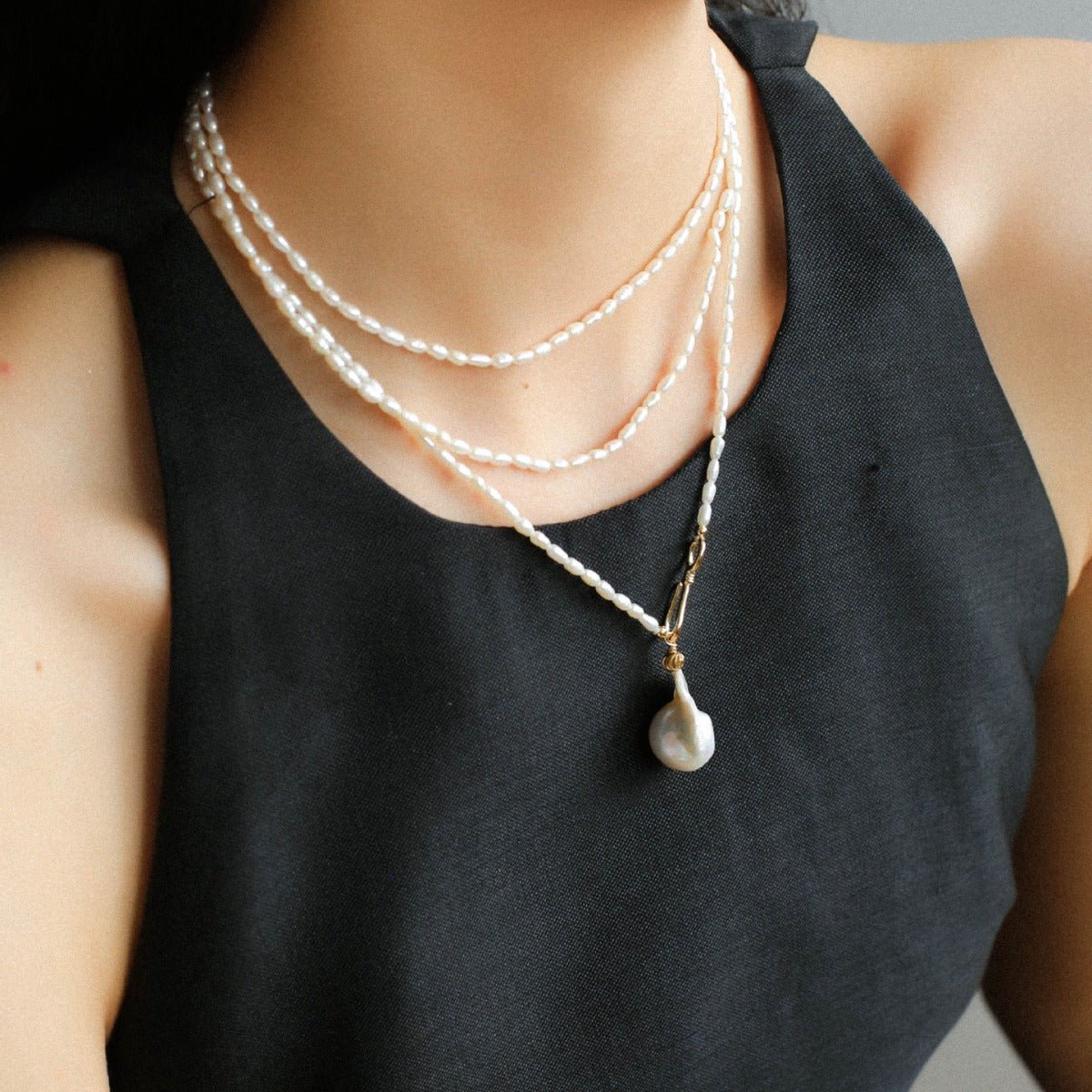 Long Baroque Pearl Pendant Necklace with Rice Pearls - floysun