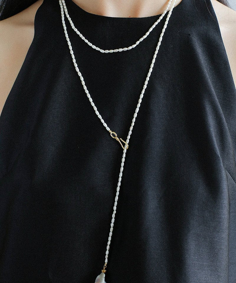 Long Baroque Pearl Pendant Necklace with Rice Pearls - floysun