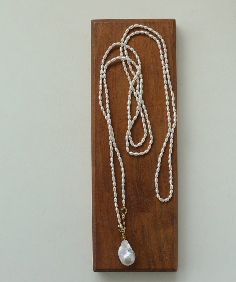 Long Baroque Pearl Pendant Necklace with Rice Pearls - floysun