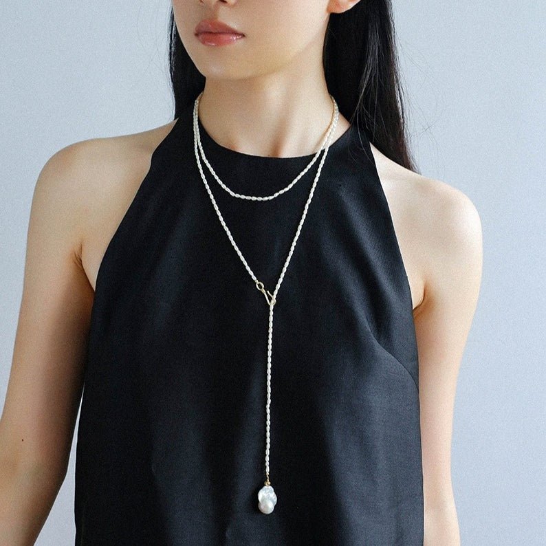 Long Baroque Pearl Pendant Necklace with Rice Pearls - floysun