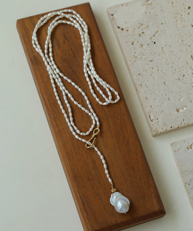 Long Baroque Pearl Pendant Necklace with Rice Pearls - floysun