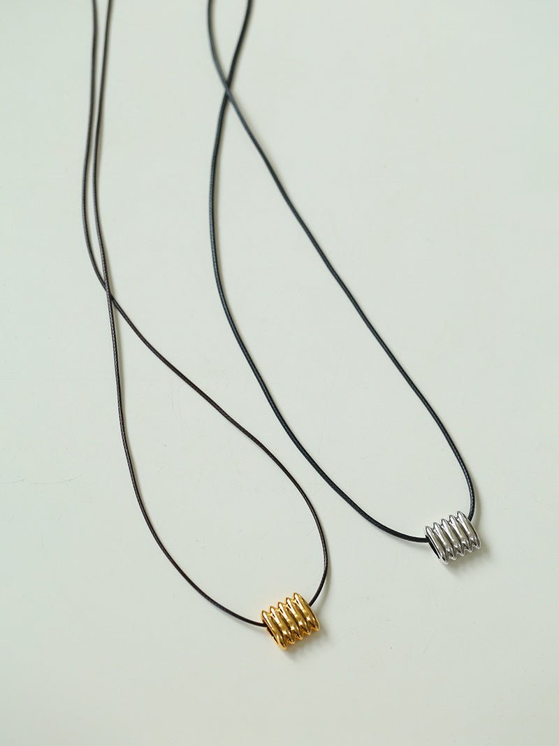 Long Black Leather Necklace with Striped Geometric Pendant - floysun