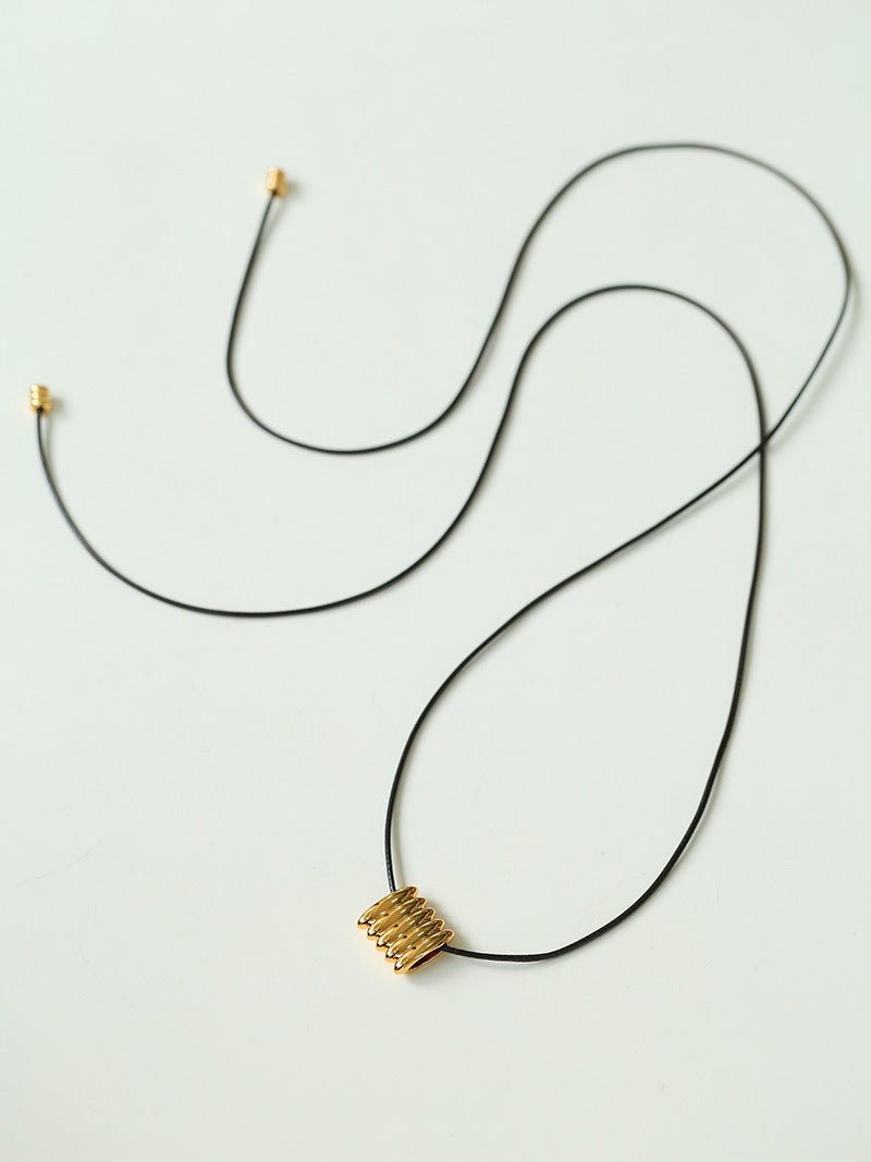 Long Black Leather Necklace with Striped Geometric Pendant - floysun