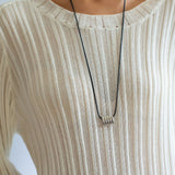 Long Black Leather Necklace with Striped Geometric Pendant - floysun