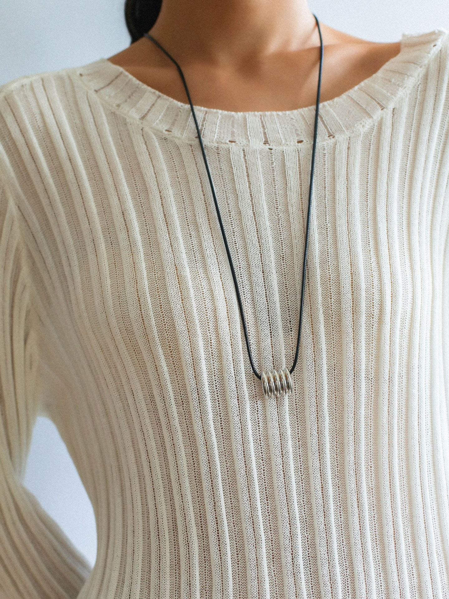 Long Black Leather Necklace with Striped Geometric Pendant - floysun