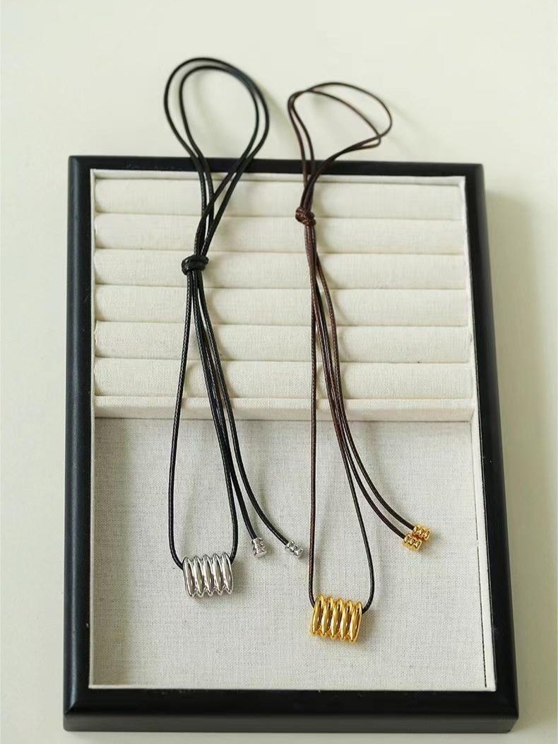 Long Black Leather Necklace with Striped Geometric Pendant - floysun