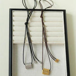 Long Black Leather Necklace with Striped Geometric Pendant - floysun