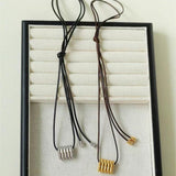 Long Black Leather Necklace with Striped Geometric Pendant - floysun