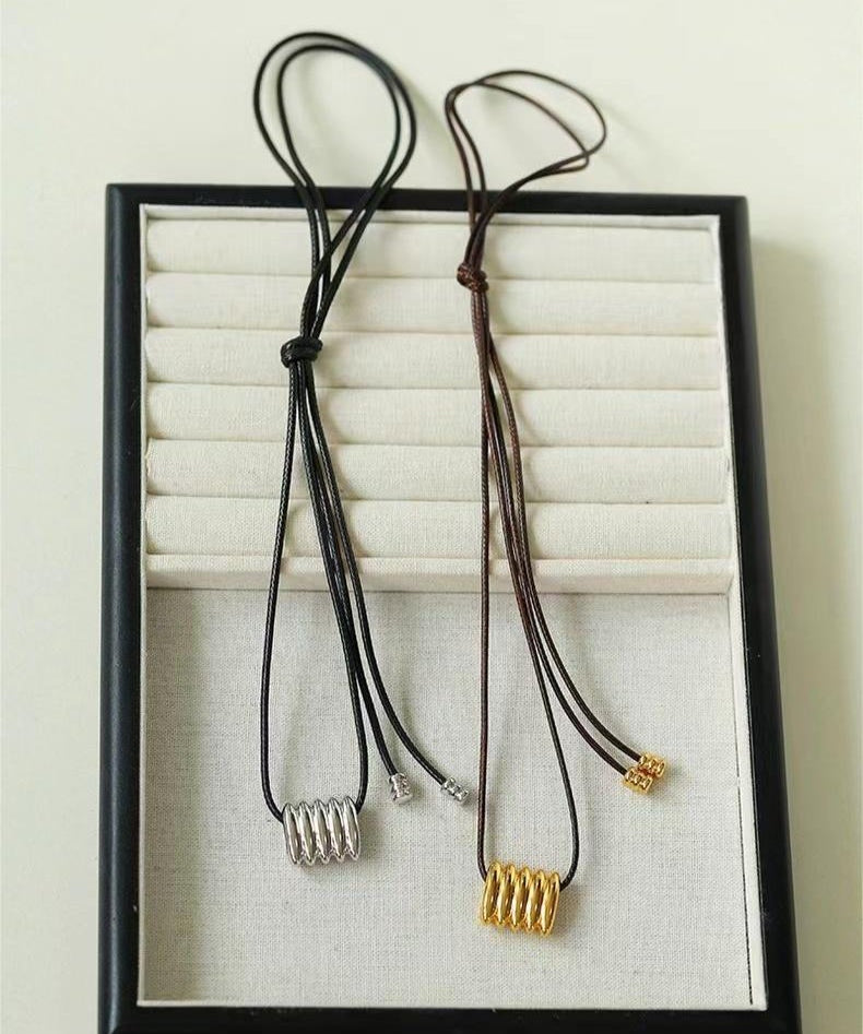 Long Black Leather Necklace with Striped Geometric Pendant - floysun