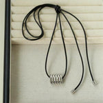 Long Black Leather Necklace with Striped Geometric Pendant - floysun