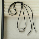 Long Black Leather Necklace with Striped Geometric Pendant - floysun