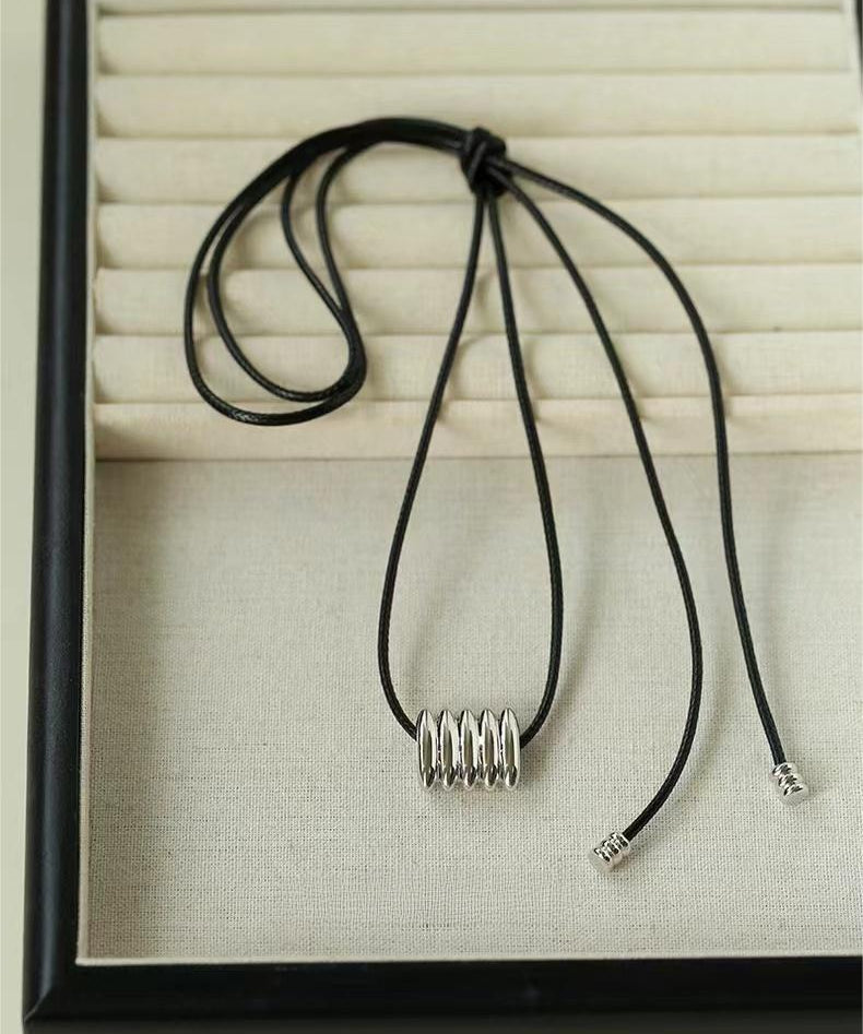 Long Black Leather Necklace with Striped Geometric Pendant - floysun