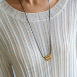 Long Black Leather Necklace with Striped Geometric Pendant - floysun