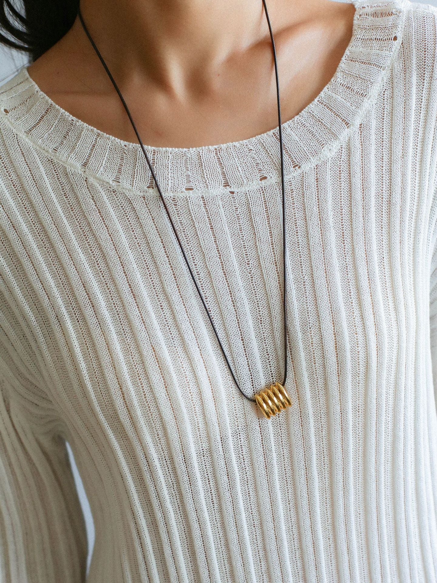 Long Black Leather Necklace with Striped Geometric Pendant - floysun