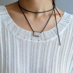 Long Black Leather Necklace with Striped Geometric Pendant - floysun