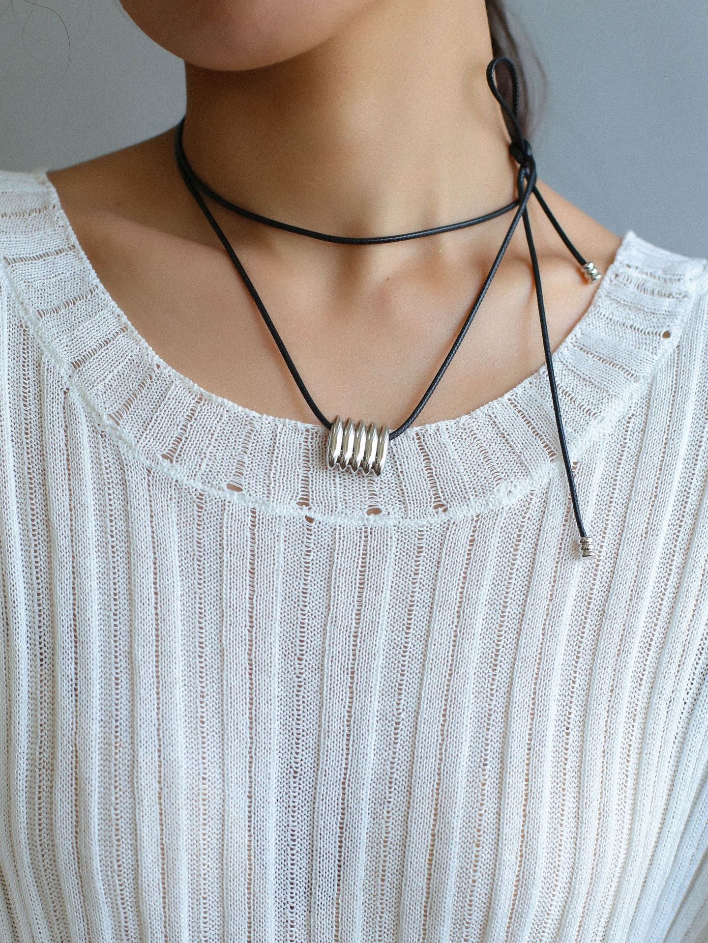 Long Black Leather Necklace with Striped Geometric Pendant - floysun