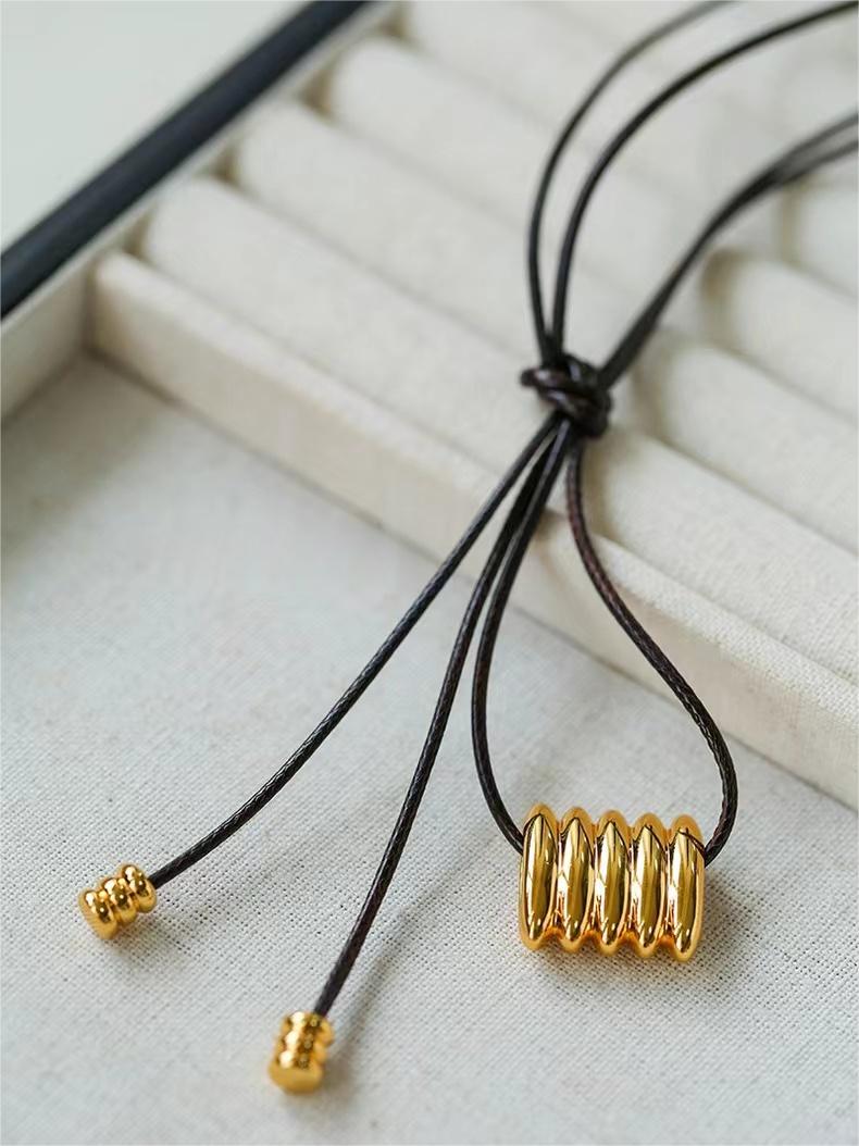 Long Black Leather Necklace with Striped Geometric Pendant - floysun