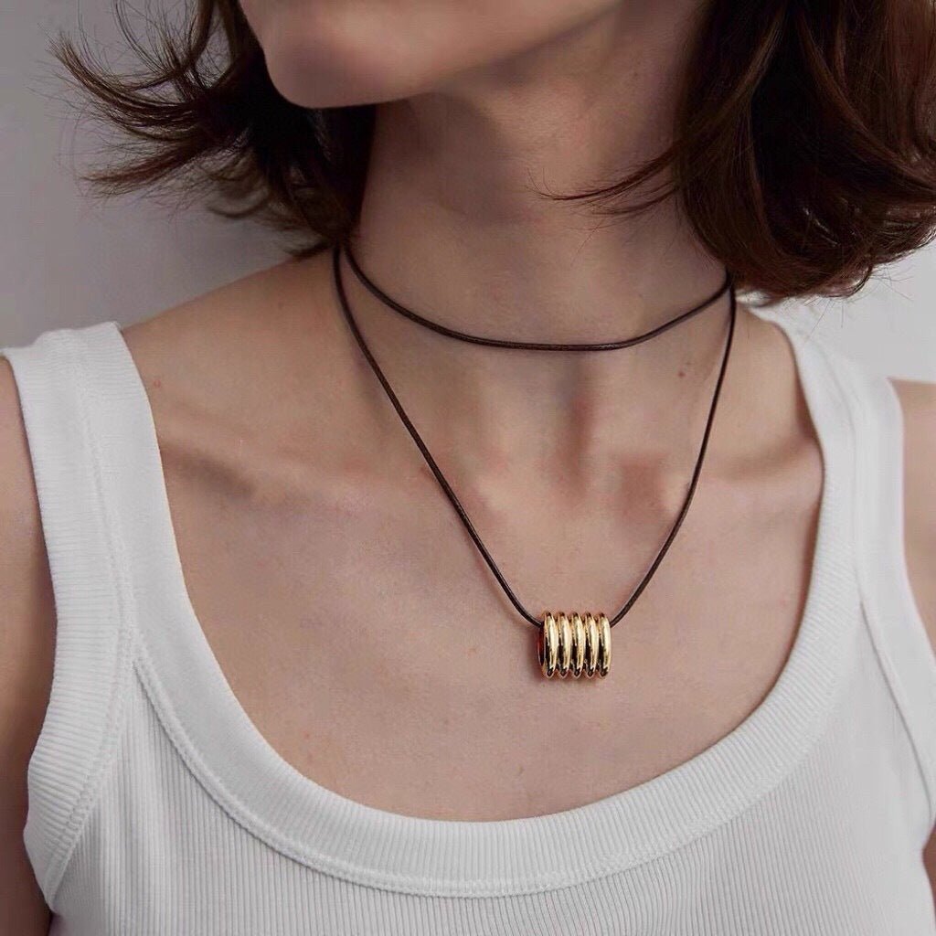 Long Black Leather Necklace with Striped Geometric Pendant - floysun