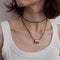 Long Black Leather Necklace with Striped Geometric Pendant - floysun