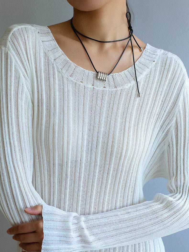 Long Black Leather Necklace with Striped Geometric Pendant - floysun