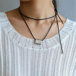 Long Black Leather Necklace with Striped Geometric Pendant - floysun