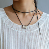 Long Black Leather Necklace with Striped Geometric Pendant - floysun