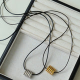 Long Black Leather Necklace with Striped Geometric Pendant - floysun