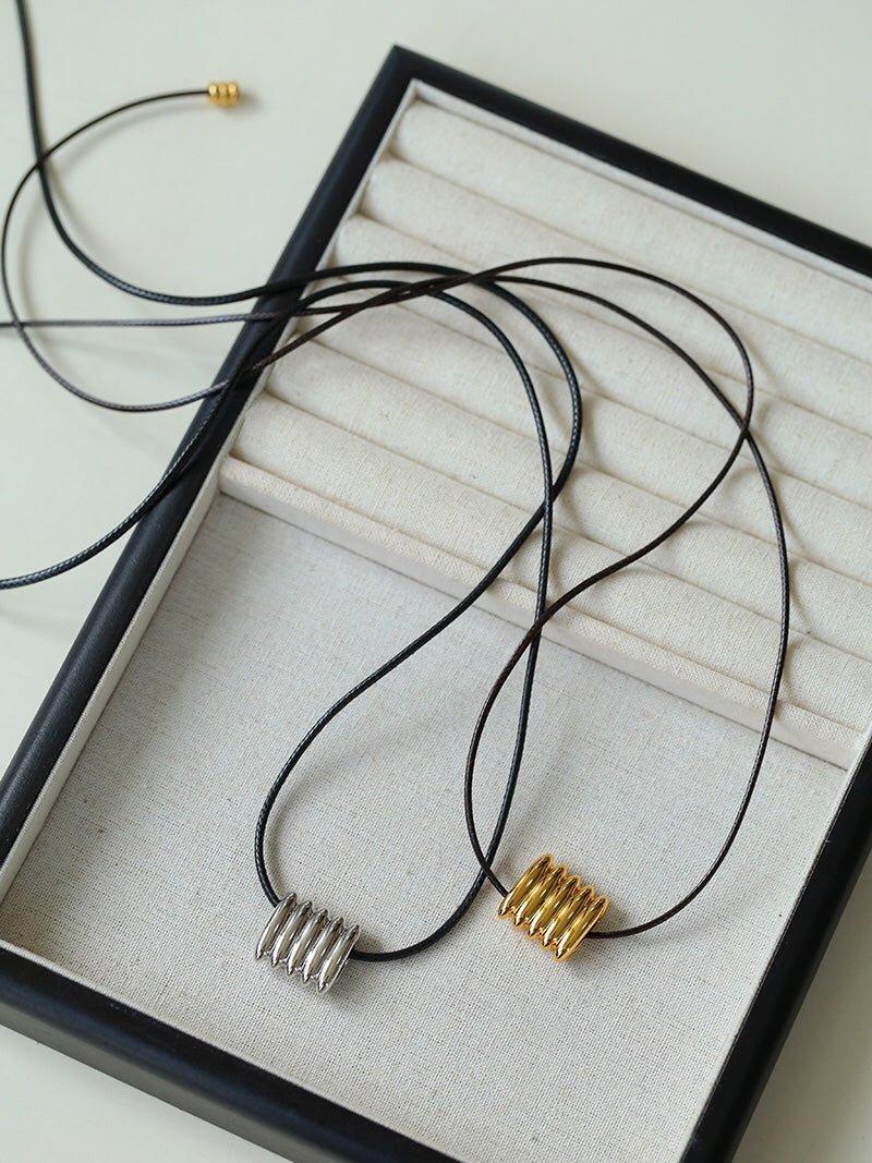 Long Black Leather Necklace with Striped Geometric Pendant - floysun