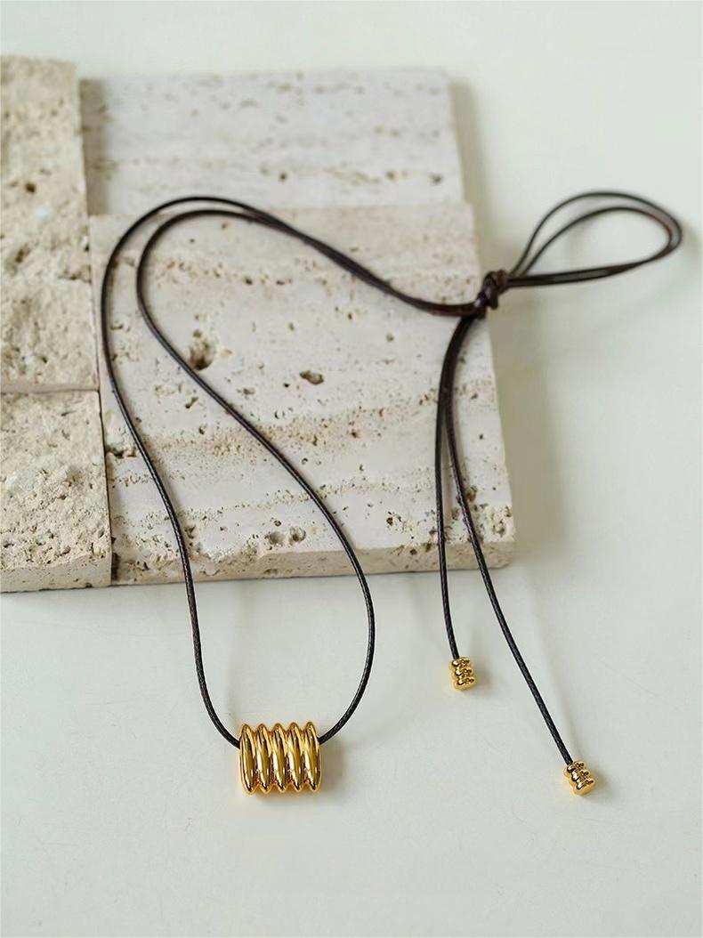 Long Black Leather Necklace with Striped Geometric Pendant - floysun