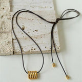 Long Black Leather Necklace with Striped Geometric Pendant - floysun